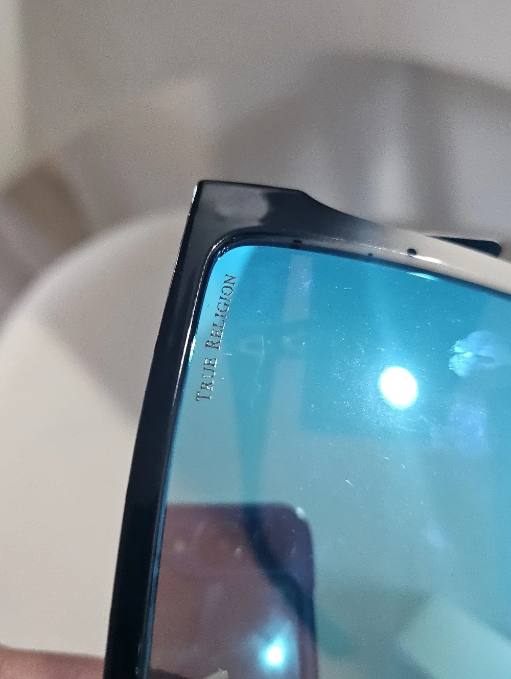 True Religion Shield Sunglasses Blue Mirrored Lens Black White Speckle UV400 - Picture 6 of 6